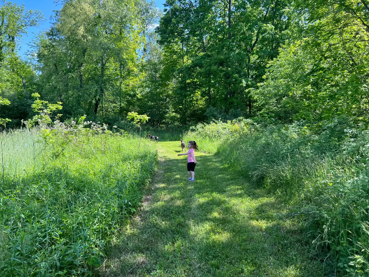 A child walking a grassy trail through the fields at Halo Hills